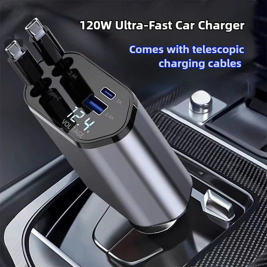 120W 4-in-1 Retractable Car Charger – Fast Charging USB-C & USB Adapter