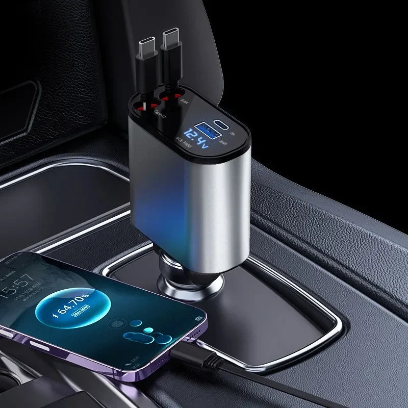 120W 4-in-1 Retractable Car Charger – Fast Charging USB-C & USB Adapter