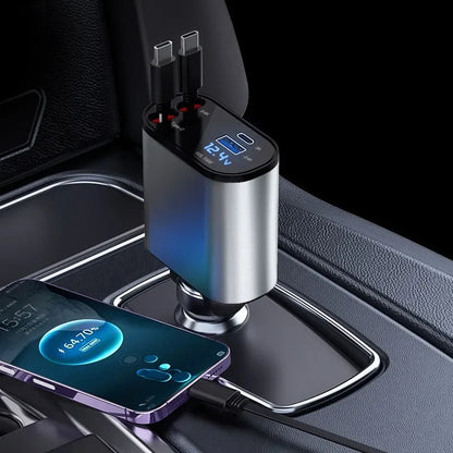 120W 4-in-1 Retractable Car Charger – Fast Charging USB-C & USB Adapter