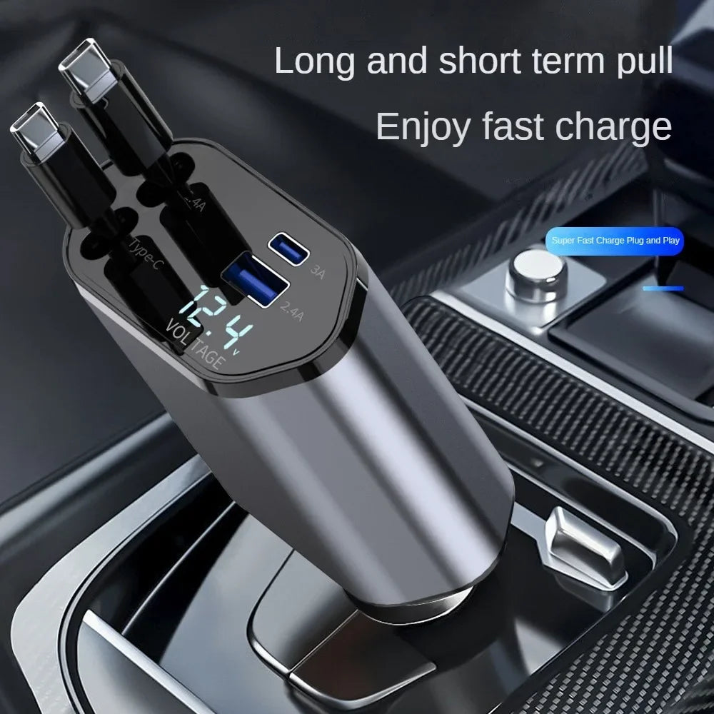 120W 4-in-1 Retractable Car Charger – Fast Charging USB-C & USB Adapter