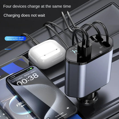 120W 4-in-1 Retractable Car Charger – Fast Charging USB-C & USB Adapter