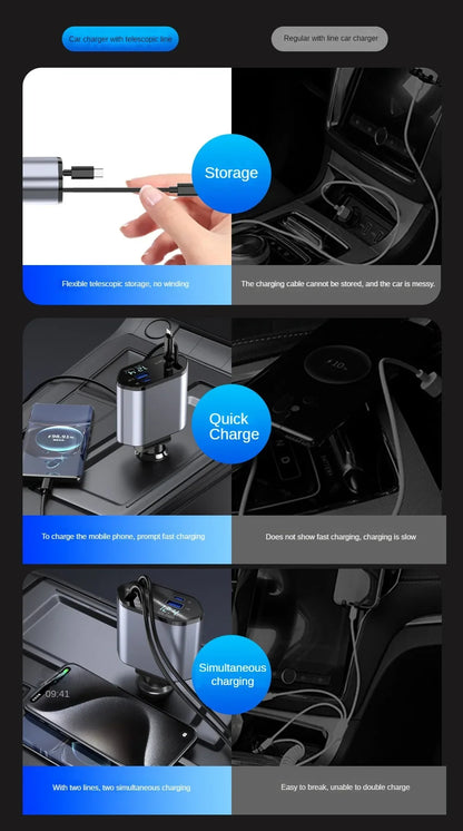 120W 4-in-1 Retractable Car Charger – Fast Charging USB-C & USB Adapter