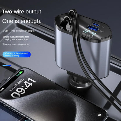 120W 4-in-1 Retractable Car Charger – Fast Charging USB-C & USB Adapter