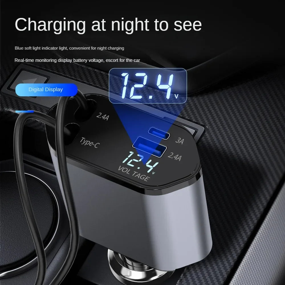 120W 4-in-1 Retractable Car Charger – Fast Charging USB-C & USB Adapter