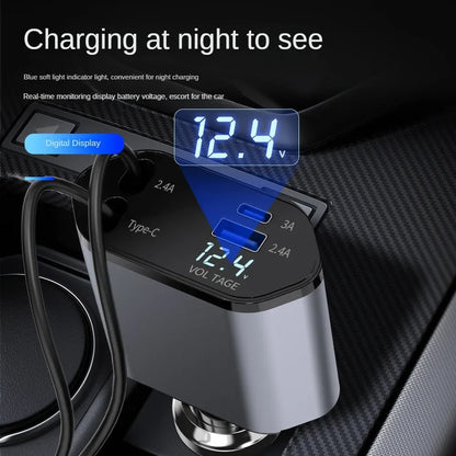 120W 4-in-1 Retractable Car Charger – Fast Charging USB-C & USB Adapter