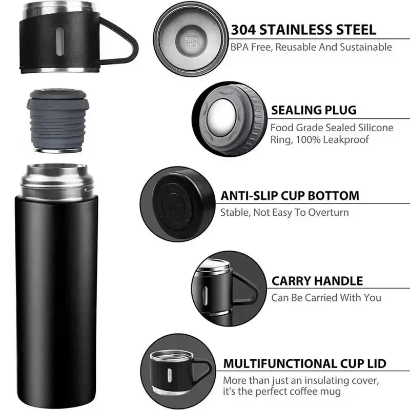 500ml Stainless Steel Vacuum Flask Gift Set – Insulated Thermos Bottle with 2 Cups