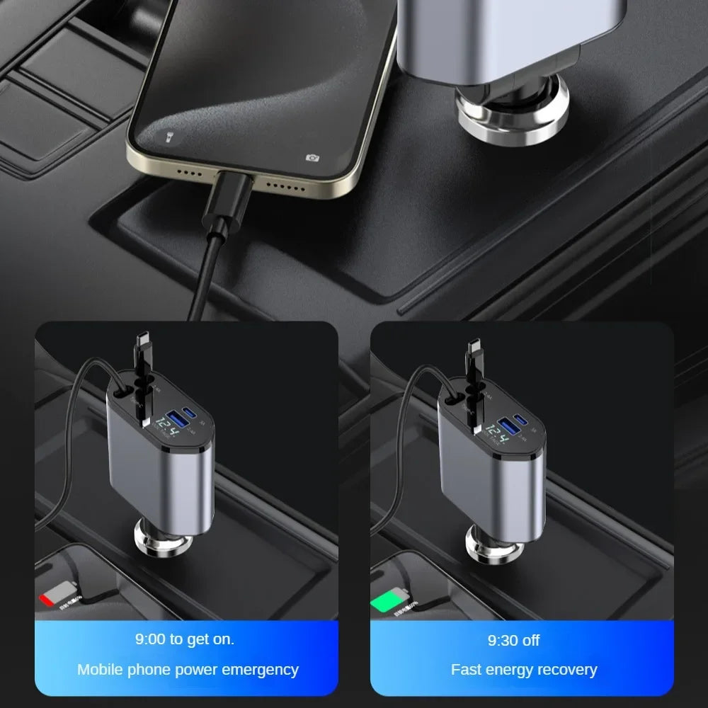 120W 4-in-1 Retractable Car Charger – Fast Charging USB-C & USB Adapter