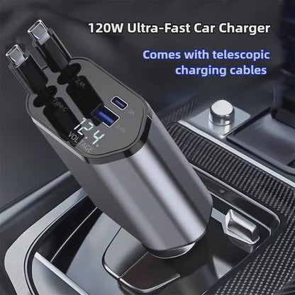 120W 4-in-1 Retractable Car Charger – Fast Charging USB-C & USB Adapter